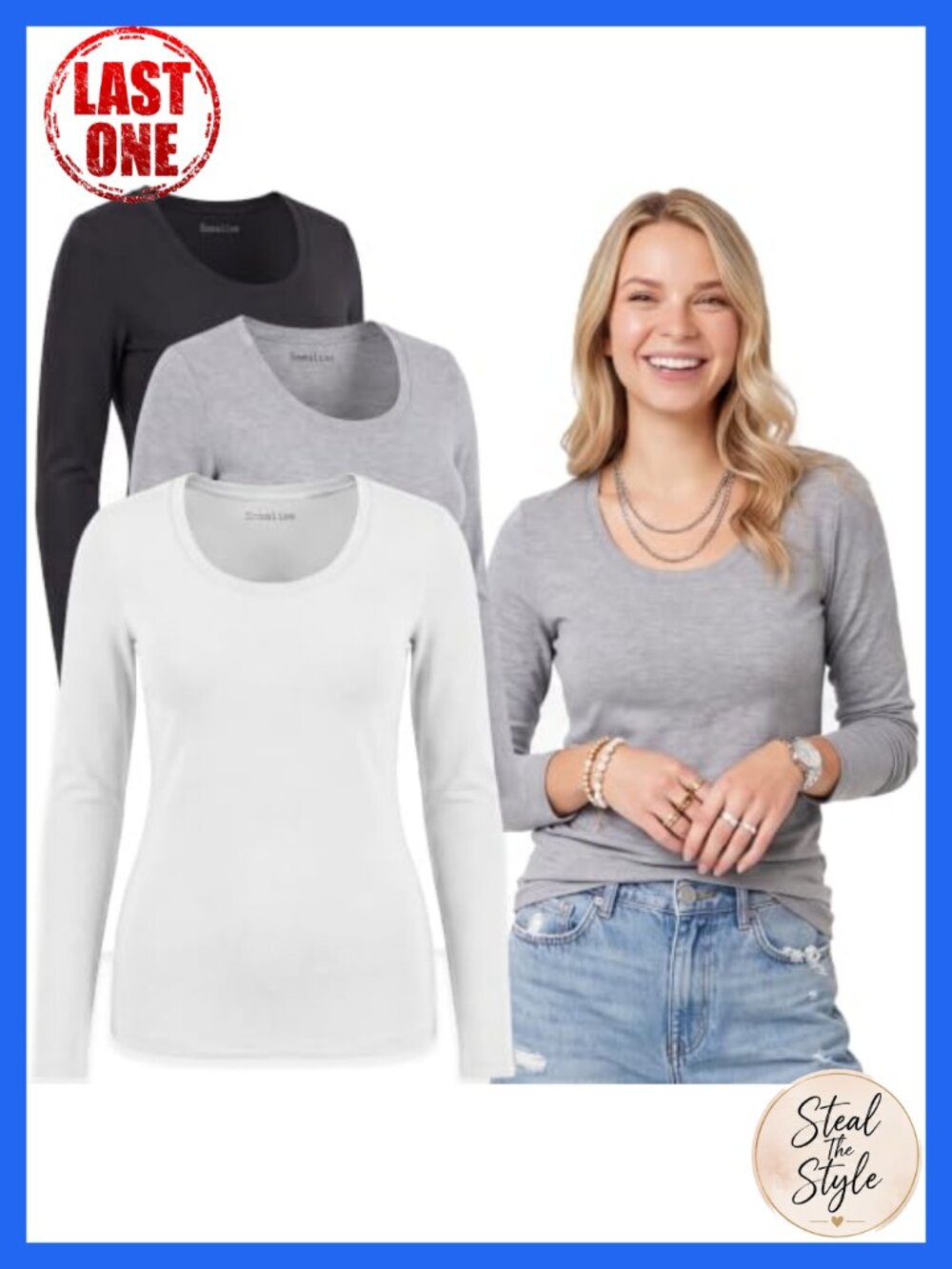 Women's Long Sleeve Cotton Spandex Slim Fit Scoop Neck Tee